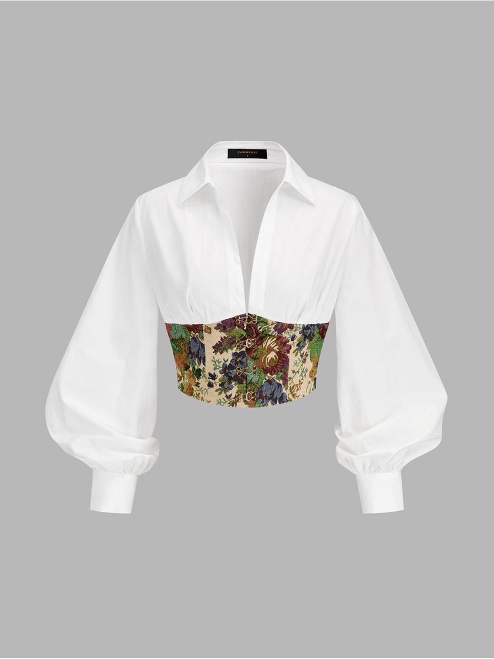 Commense White Puff-Sleeve Cropped Blouse with Floral Bustier